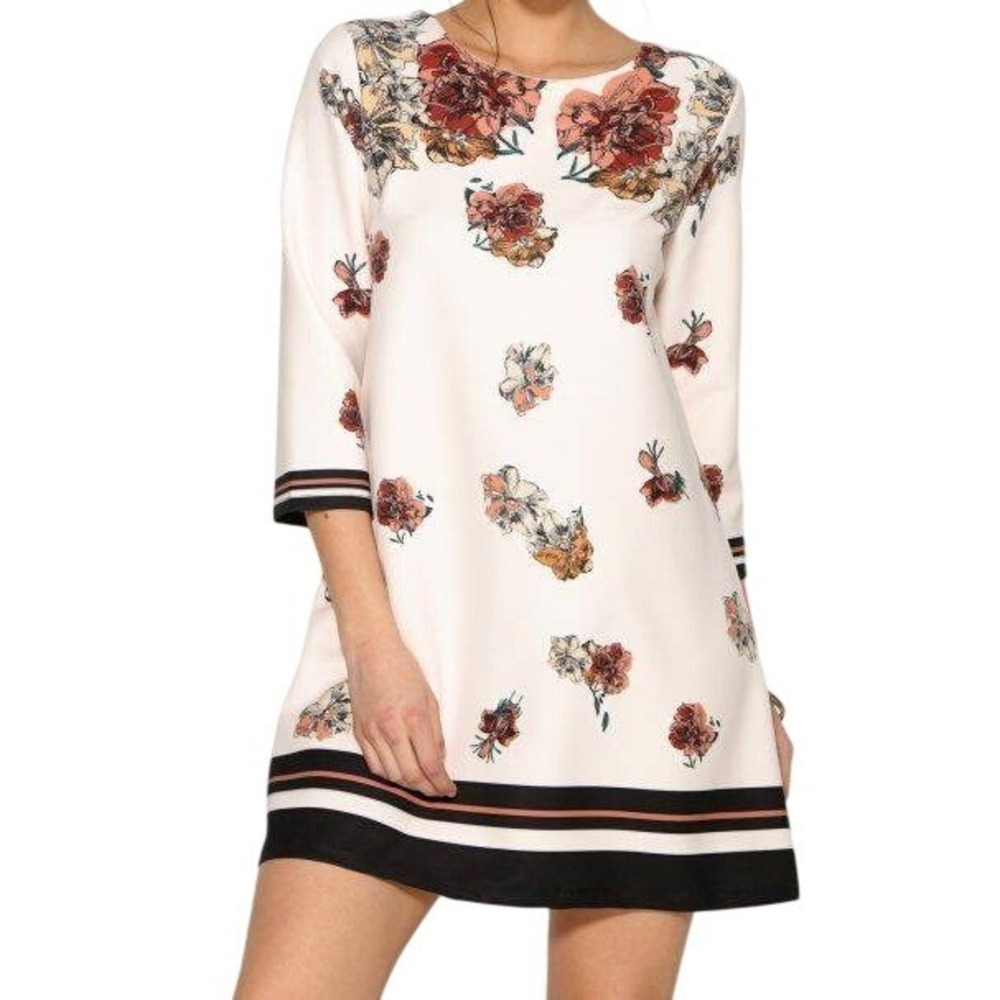 ZARA Floral Cream Brown Striped Hem 3/4 Sleeve‎ Shift Mini Dress NWT $70 Medium
